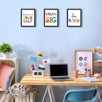 Framed Watercolor Words Inspirational Quote Art Prints Set of 3 (8”X10”)-Ready To Hang-Motivational Typography Canvas Painting，Believe in yourself- Dream Big- Be Kind Print For Classroom Decor