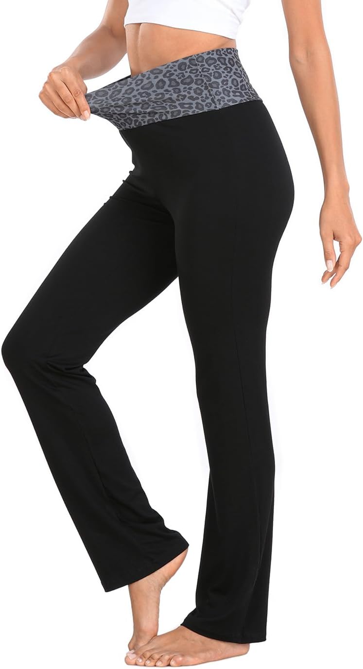 Women's Color Block Fold Over Waist Yoga Pants Flare Leg Workout Leggings