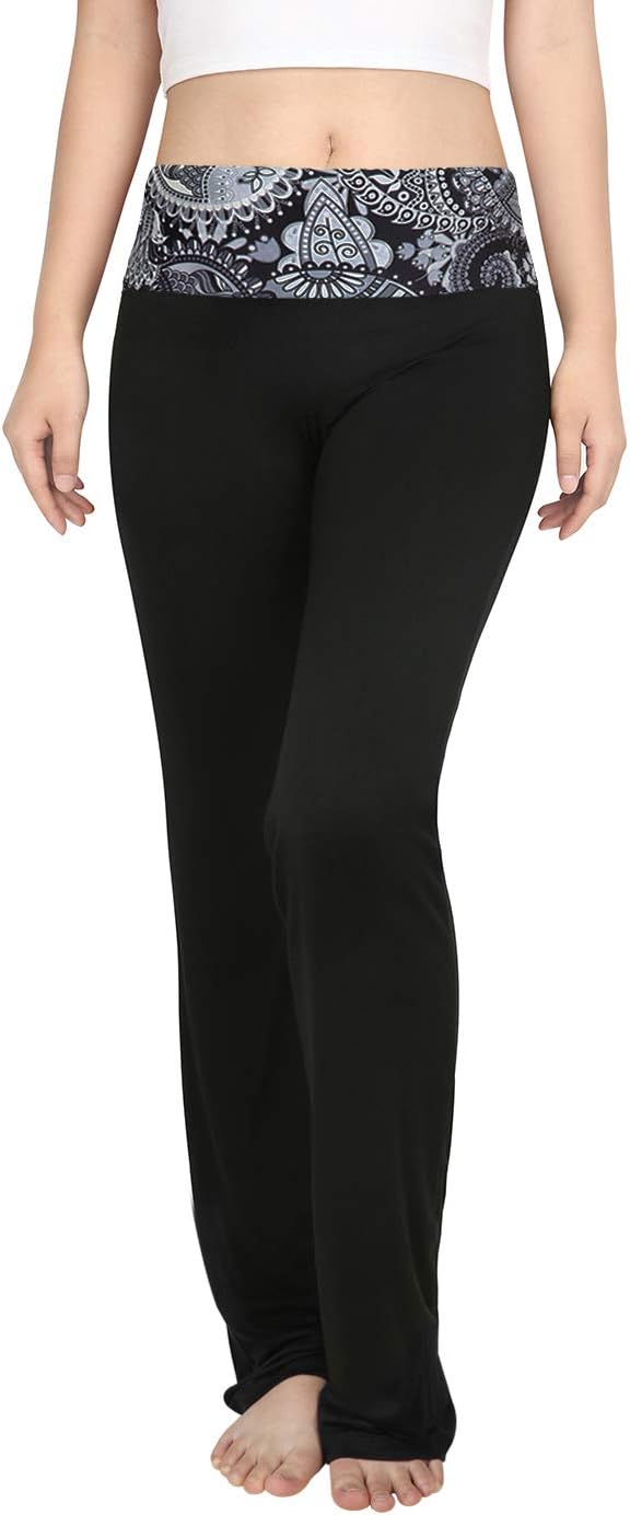 Women's Color Block Fold Over Waist Yoga Pants Flare Leg Workout Leggings