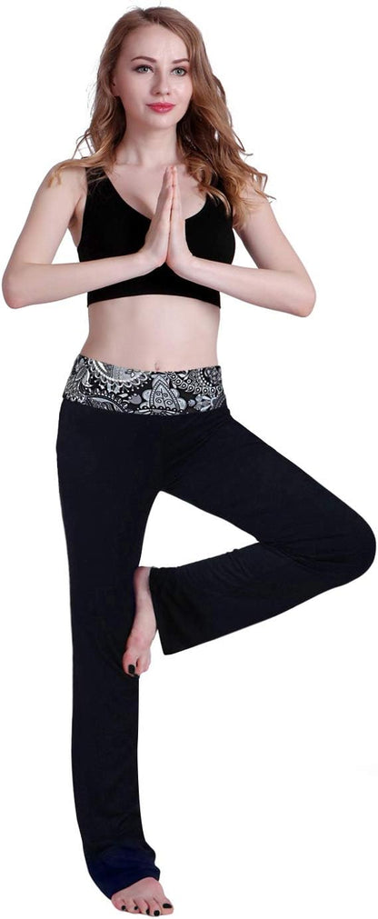 Women's Color Block Fold Over Waist Yoga Pants Flare Leg Workout Leggings