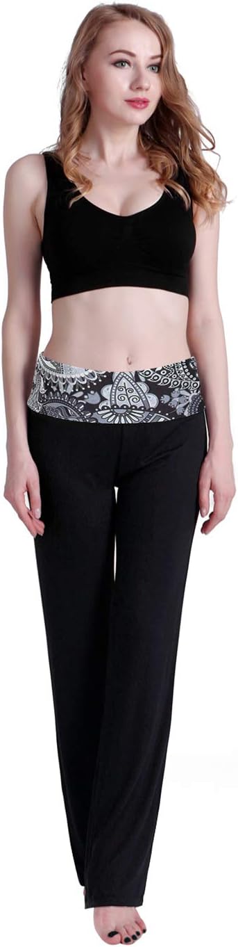 Women's Color Block Fold Over Waist Yoga Pants Flare Leg Workout Leggings