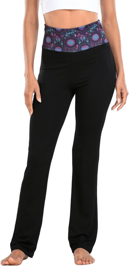 Women's Color Block Fold Over Waist Yoga Pants Flare Leg Workout Leggings
