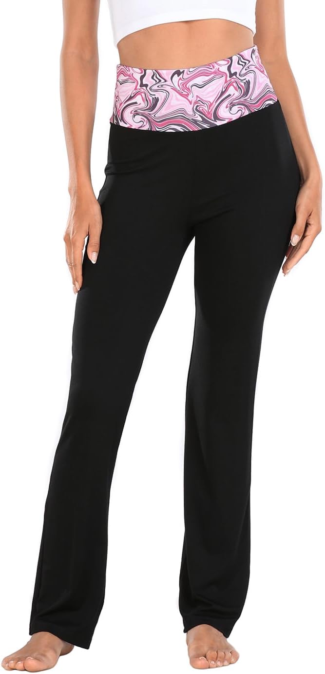 Women's Color Block Fold Over Waist Yoga Pants Flare Leg Workout Leggings