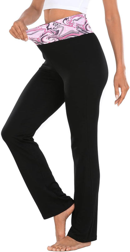 Women's Color Block Fold Over Waist Yoga Pants Flare Leg Workout Leggings