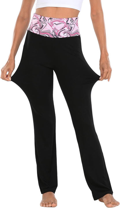 Women's Color Block Fold Over Waist Yoga Pants Flare Leg Workout Leggings