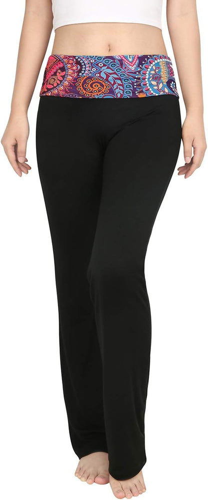 Women's Color Block Fold Over Waist Yoga Pants Flare Leg Workout Leggings