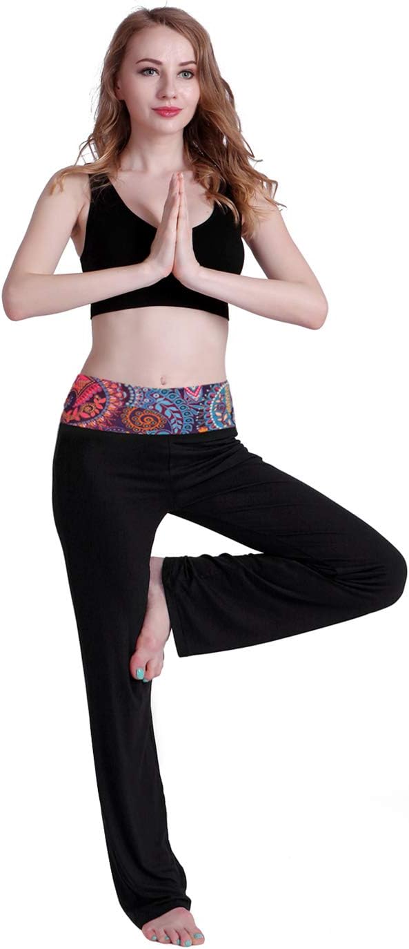 Women's Color Block Fold Over Waist Yoga Pants Flare Leg Workout Leggings