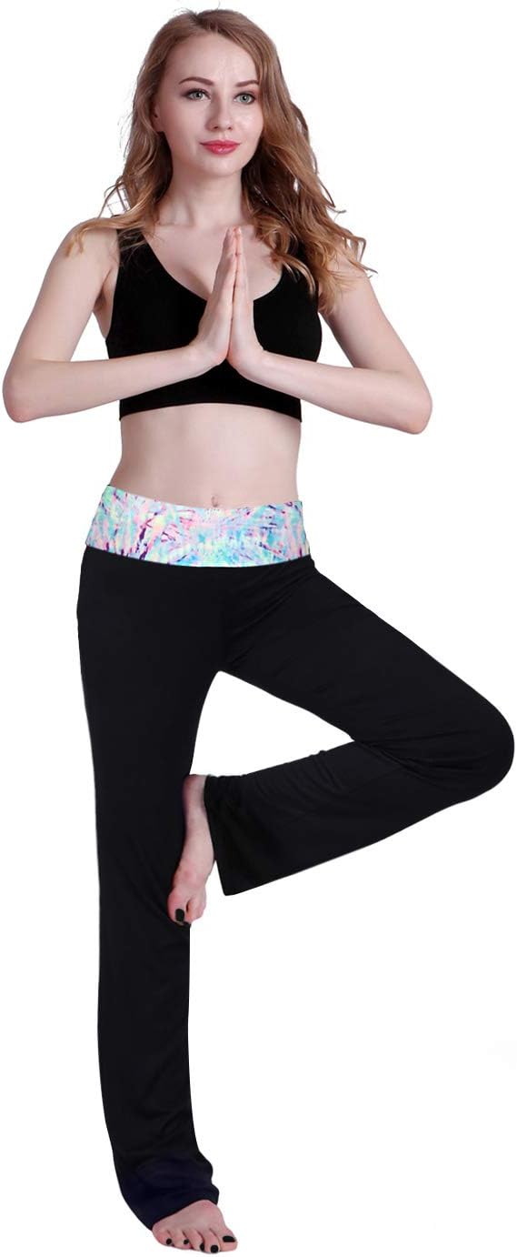 Women's Color Block Fold Over Waist Yoga Pants Flare Leg Workout Leggings
