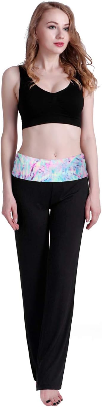 Women's Color Block Fold Over Waist Yoga Pants Flare Leg Workout Leggings