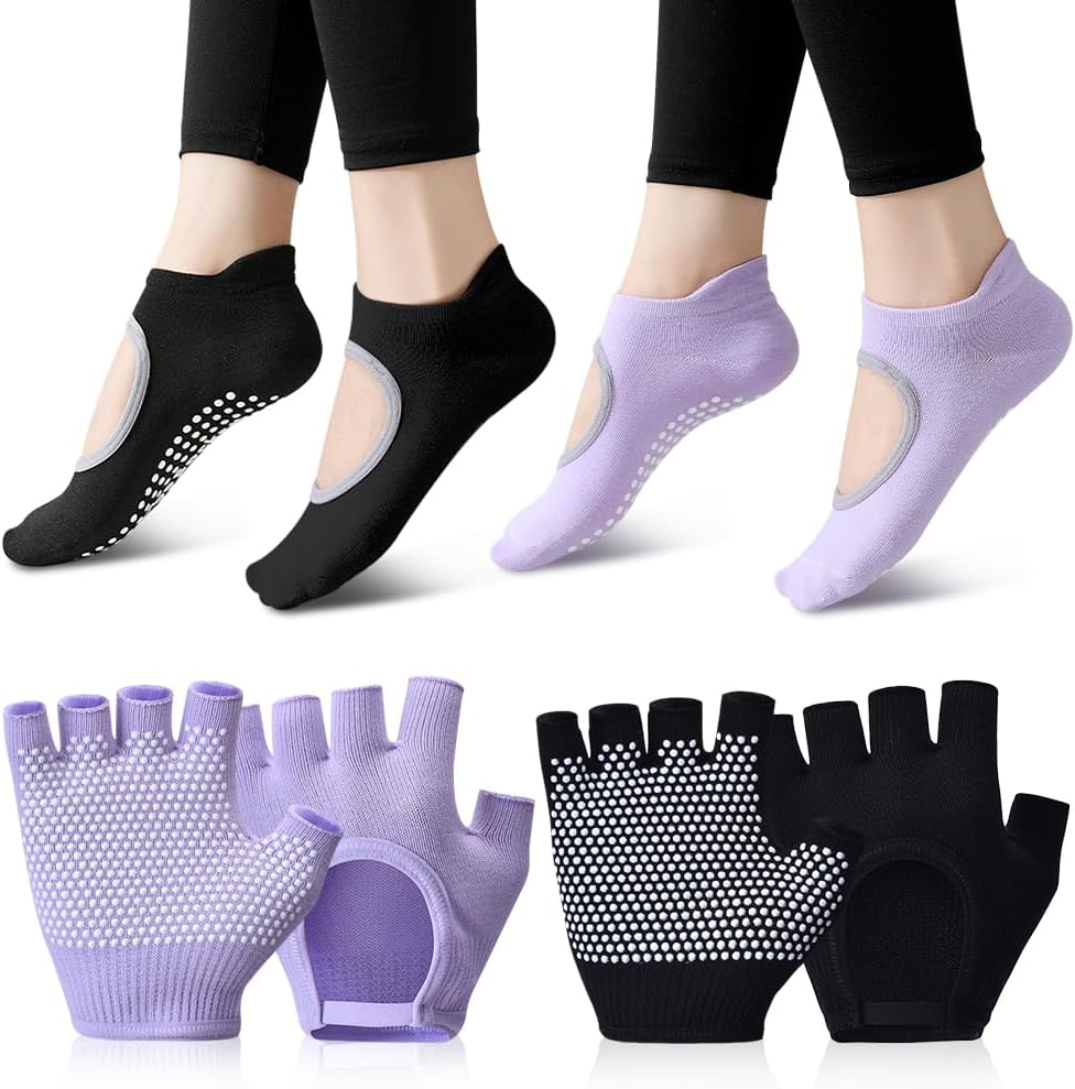2 Pairs Non Slip Yoga Gloves Socks Set, Women Fingerless Gym Gloves and Pilates Socks for Fitness Exercise Yoga