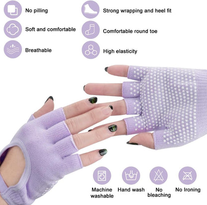 2 Pairs Non Slip Yoga Gloves Socks Set, Women Fingerless Gym Gloves and Pilates Socks for Fitness Exercise Yoga