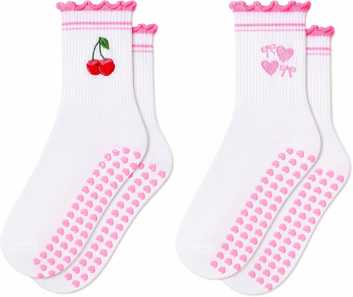 2 Pairs Cute Pilates Grip Socks for Women Bow Nonslip Ruffle Frilly Yoga Socks Cotton Crew Grippy Workout Ballet Sock