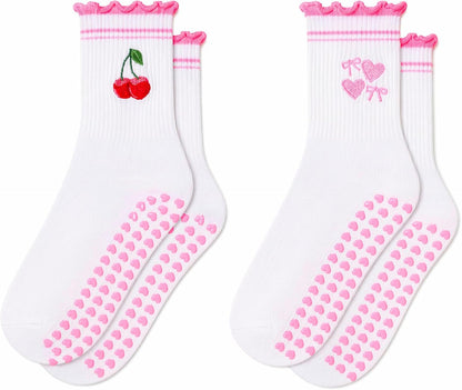 2 Pairs Cute Pilates Grip Socks for Women Bow Nonslip Ruffle Frilly Yoga Socks Cotton Crew Grippy Workout Ballet Sock