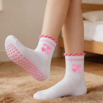 2 Pairs Cute Pilates Grip Socks for Women Bow Nonslip Ruffle Frilly Yoga Socks Cotton Crew Grippy Workout Ballet Sock