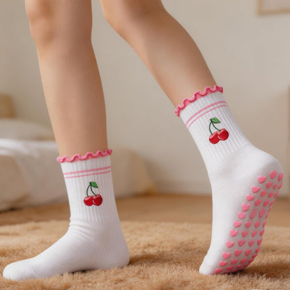 2 Pairs Cute Pilates Grip Socks for Women Bow Nonslip Ruffle Frilly Yoga Socks Cotton Crew Grippy Workout Ballet Sock
