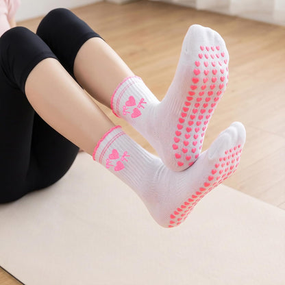 2 Pairs Cute Pilates Grip Socks for Women Bow Nonslip Ruffle Frilly Yoga Socks Cotton Crew Grippy Workout Ballet Sock