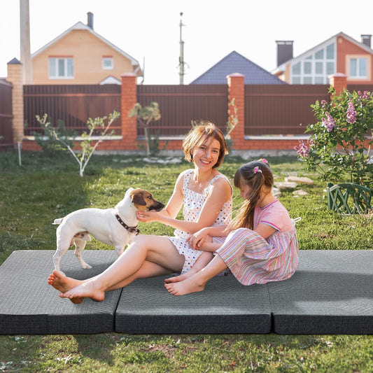 Tri-Fold 3.95" Memory Foam Topper Queen Size Portable Mat, Foldable Floor Mat for Adults & Kids, Washable CertiPUR-US Certified Cover, Lightweight for Travel/Camping/Yoga