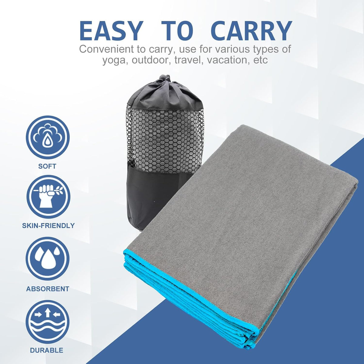 2 Pack Hot Yoga Towel with Grip Dot, Non Slip Yoga Mat Towe Sweat Absorbent Towel for Hot Yoga,Bikram, Pilates and Fitness 72" x 24", Dark Cyan/Steel Blue