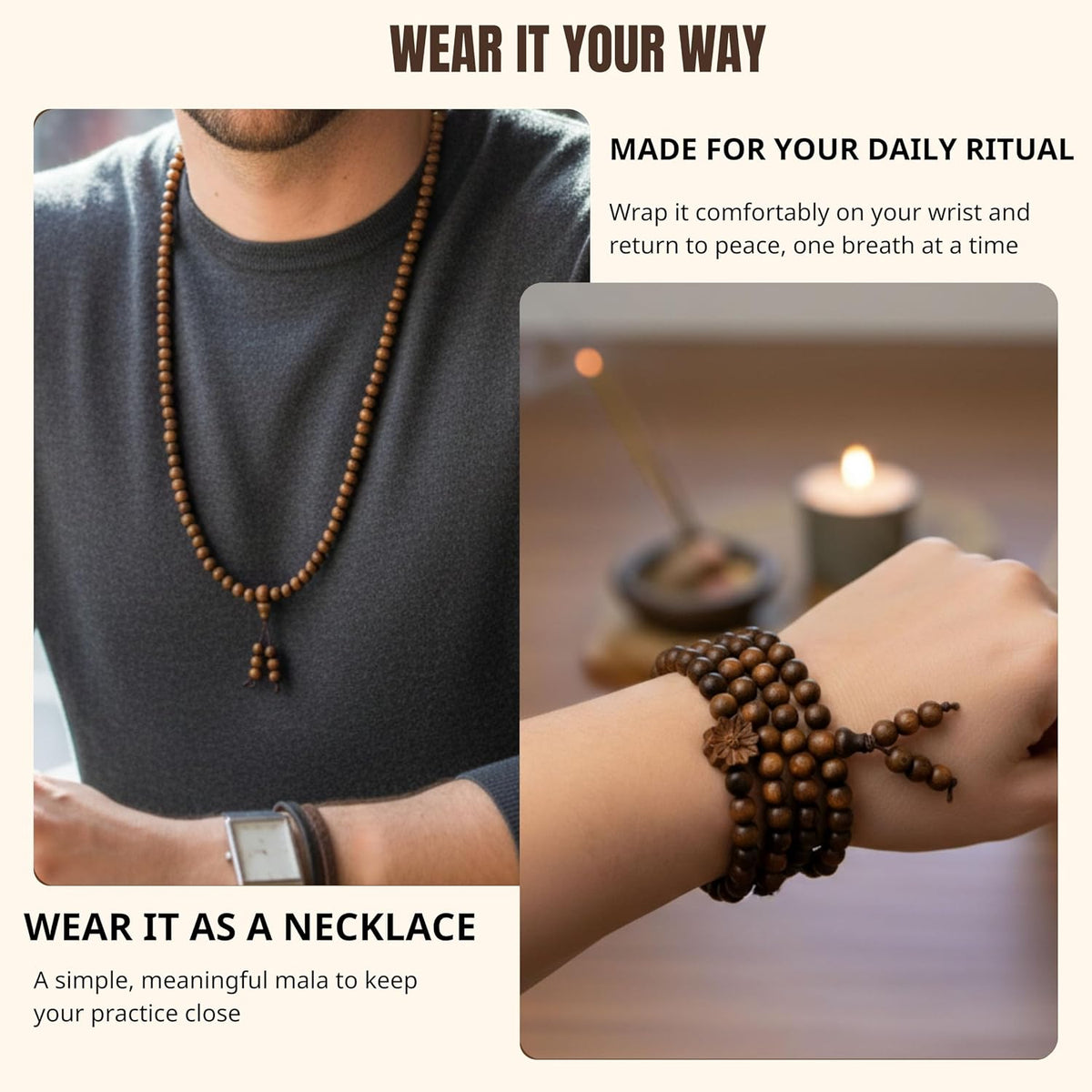 108 Mala Beads Prayer Beads, Wooden Bead Bracelet, Meditation Accessories, Bead Bracelet Men, Natural Wood Bead Chain