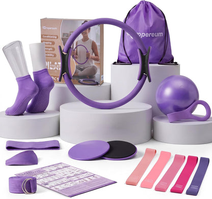 16 PCS At Home Pilates Kit for Women - Pilates Kit Purple | Pilates Ring Set | 15" Pilates Ring and Ball with Resistance Bands | Full-Body Training | Fitness Accessories Set | Exercise Ring Set