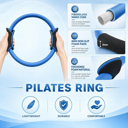 Pilates Kit, Home Pilates Equipment for Women, Workout Kit with 14.5" Pilates Ring and Ball,Yoga Block, Yoga Knee Pad Mats, Resistance Bands, Grip Socks Accessories，Blue