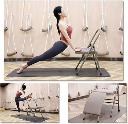 Yoga Auxiliary Chair with Lumbar Back Support,Folding Yoga Chair,Metal Frame,Iyengar Yoga Chair,Pilates Yoga Chair,Yoga Inversion Chair Gray, Black, Purple,Grey-A