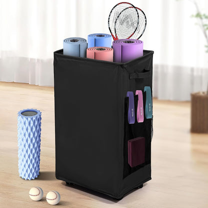 Yoga Mat Storage Racks, Home Gym Storage Rack with Wheels, Yoga Mat Holder Side 2 Mesh Pockets, Yoga Storage Basket Holds 4 Yoga Mats, 2 Foam Rollers, 6 Resistance Bands
