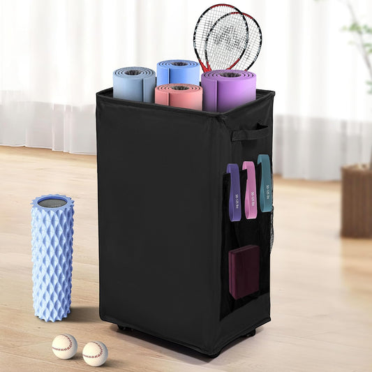 Yoga Mat Storage Racks, Home Gym Storage Rack with Wheels, Yoga Mat Holder Side 2 Mesh Pockets, Yoga Storage Basket Holds 4 Yoga Mats, 2 Foam Rollers, 6 Resistance Bands