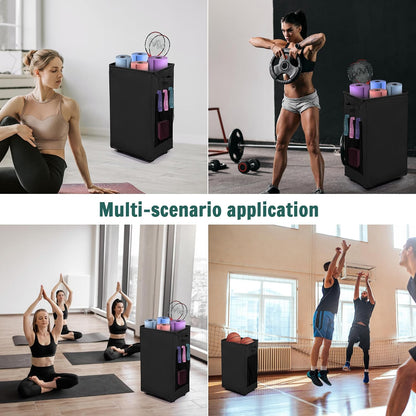 Yoga Mat Storage Racks, Home Gym Storage Rack with Wheels, Yoga Mat Holder Side 2 Mesh Pockets, Yoga Storage Basket Holds 4 Yoga Mats, 2 Foam Rollers, 6 Resistance Bands