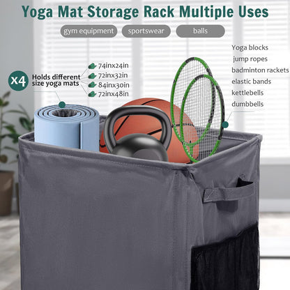 Yoga Mat Storage Racks, Home Gym Storage Rack with Wheels, Yoga Mat Holder Side 2 Mesh Pockets, Yoga Storage Basket Holds 4 Yoga Mats, 2 Foam Rollers, 6 Resistance Bands