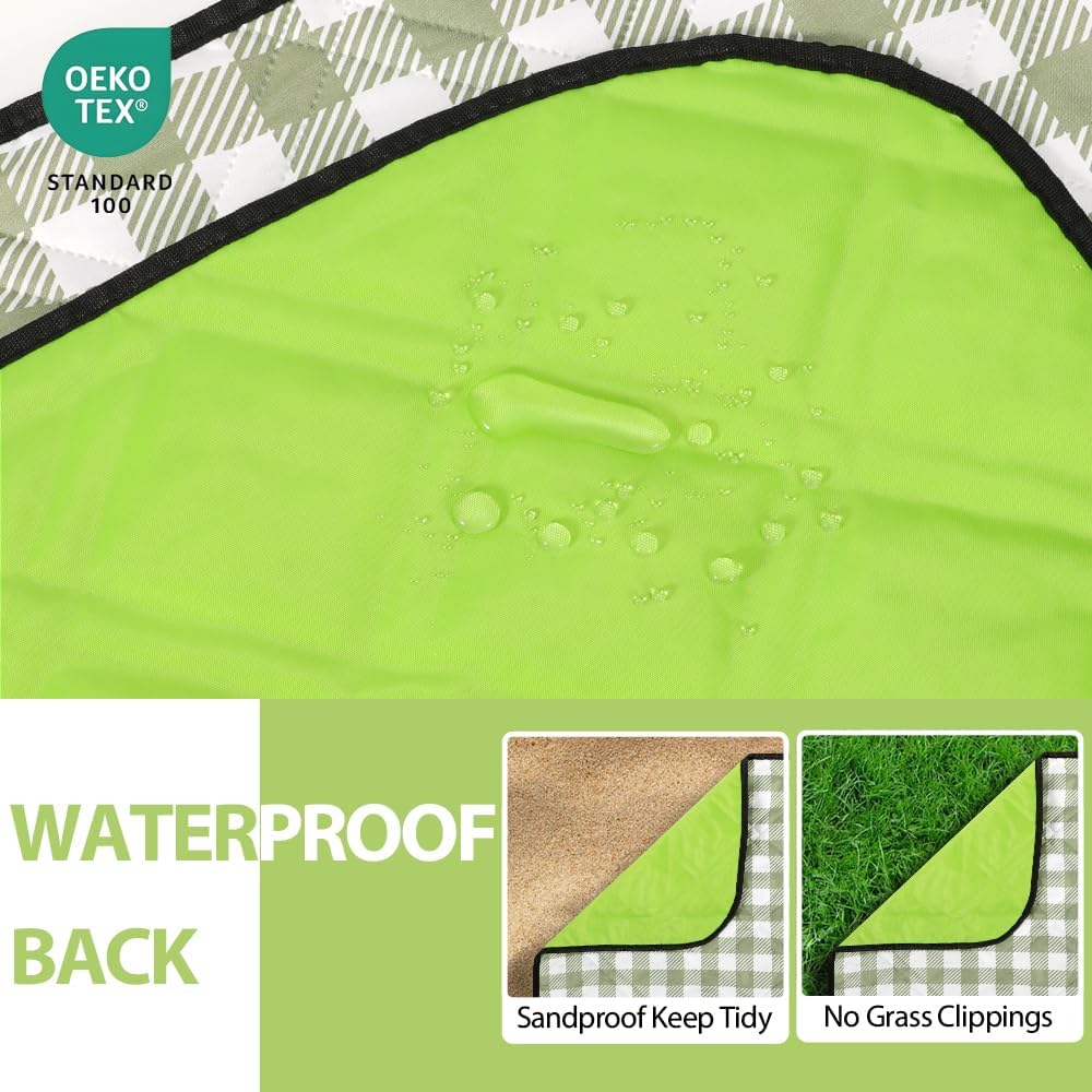 ZAZE Extra Large Picnic Outdoor Blanket, 80''x80'' Waterproof Foldable Blankets Gingham Picnic Mat for Beach, Camping Grass Lawn Park Accessories Cute Couple Gifts Ideas Wedding Registry(Green White)