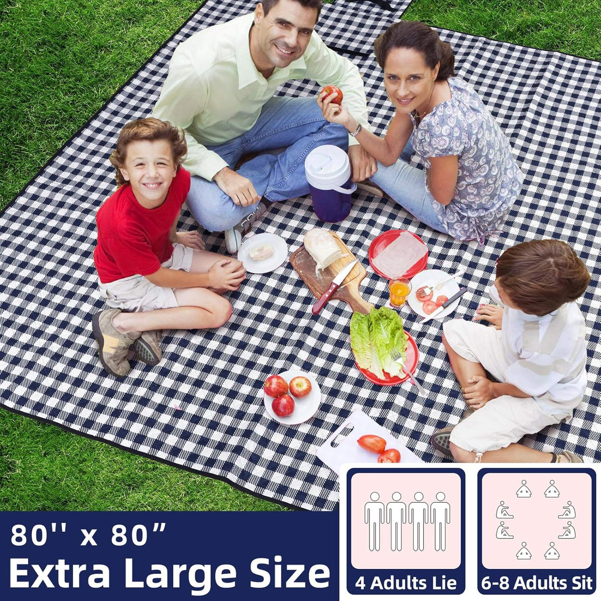 ZAZE Extra Large Picnic Outdoor Blanket, 80''x80'' Waterproof Foldable Blankets Gingham Picnic Mat for Beach, Camping Grass Lawn Park Accessories Cute Couple Gifts Ideas Wedding Registry(Green White)