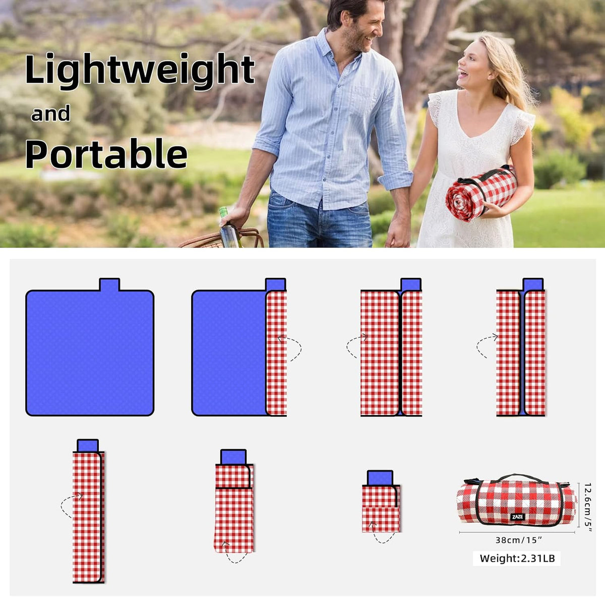 ZAZE Extra Large Picnic Outdoor Blanket, 80''x80'' Waterproof Foldable Blankets Gingham Picnic Mat for Beach, Camping Grass Lawn Park Accessories Cute Couple Gifts Ideas Wedding Registry(Green White)