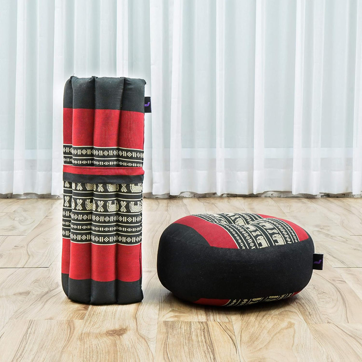 Meditation Cushion Set – 1 Small Zafu Yoga Pillow and 1 Small Roll-Up Zabuton Mat Filled with Kapok