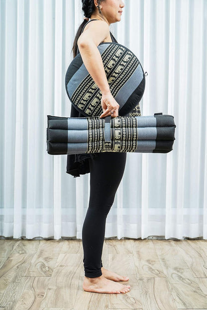 Meditation Cushion Set – 1 Small Zafu Yoga Pillow and 1 Small Roll-Up Zabuton Mat Filled with Kapok