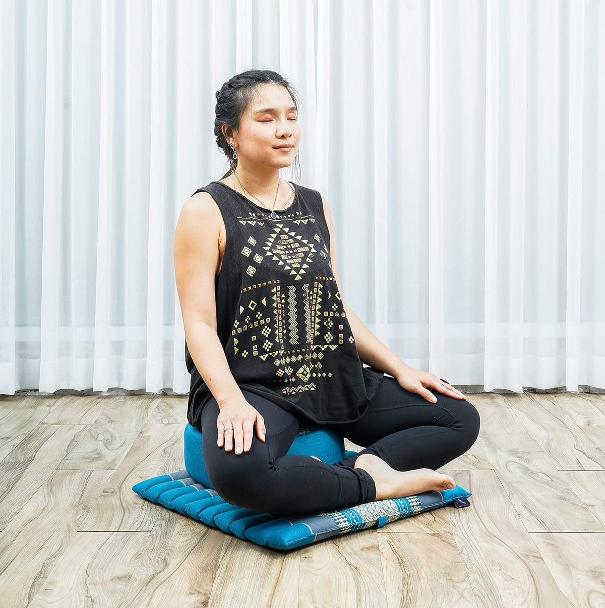 Meditation Cushion Set – 1 Small Zafu Yoga Pillow and 1 Small Roll-Up Zabuton Mat Filled with Kapok