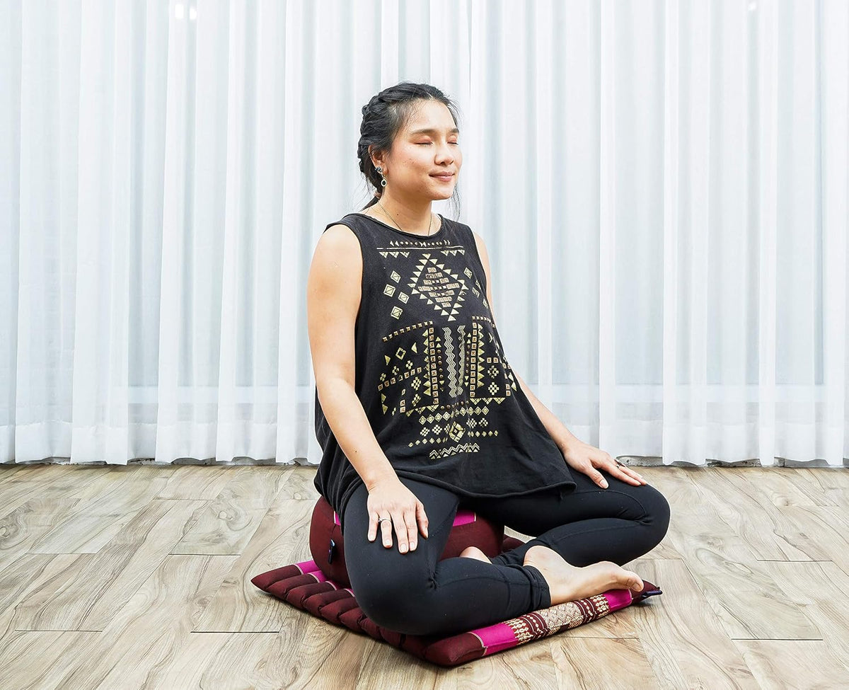 Meditation Cushion Set – 1 Small Zafu Yoga Pillow and 1 Small Roll-Up Zabuton Mat Filled with Kapok