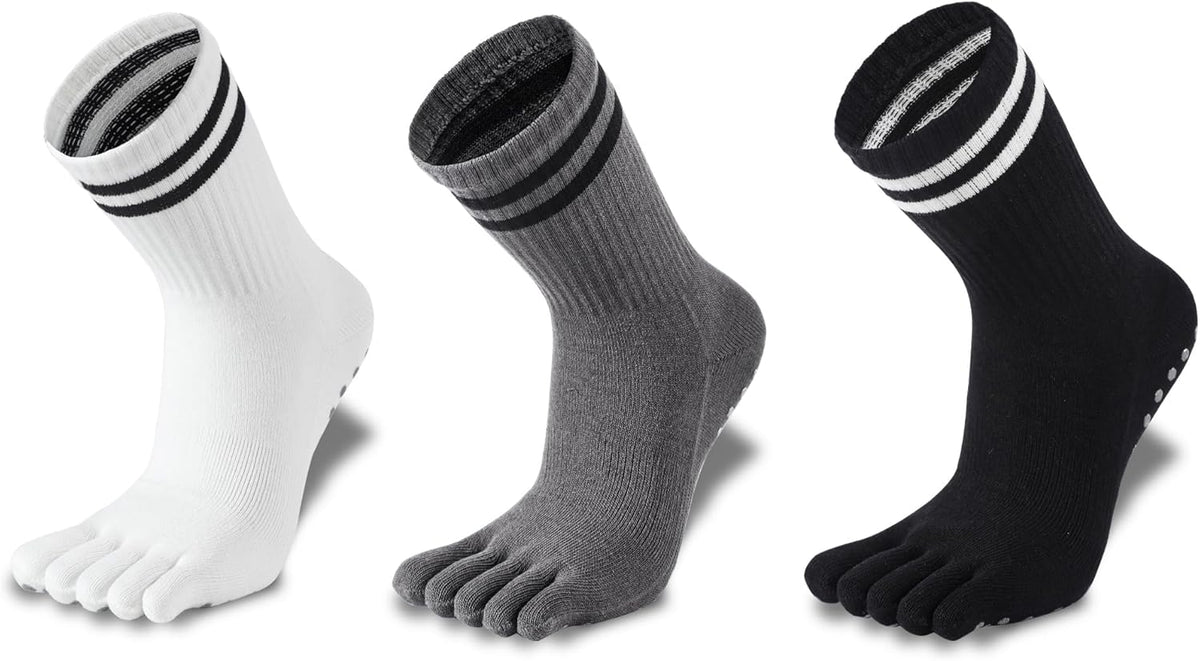 3Pairs Grippy Yoga Socks for Women – Full Toe Cotton Crew Pilates Socks with Non Slip Sticky Grip Bottom,Gifts for Yoga,Barre,Pilates,Dance,Exercises and indoor walking.(Black/Grey/White)
