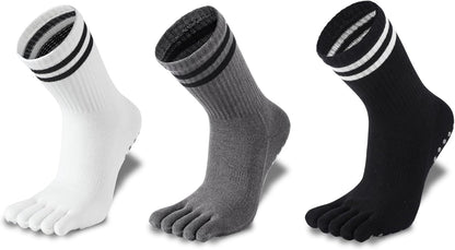 3Pairs Grippy Yoga Socks for Women – Full Toe Cotton Crew Pilates Socks with Non Slip Sticky Grip Bottom,Gifts for Yoga,Barre,Pilates,Dance,Exercises and indoor walking.(Black/Grey/White)
