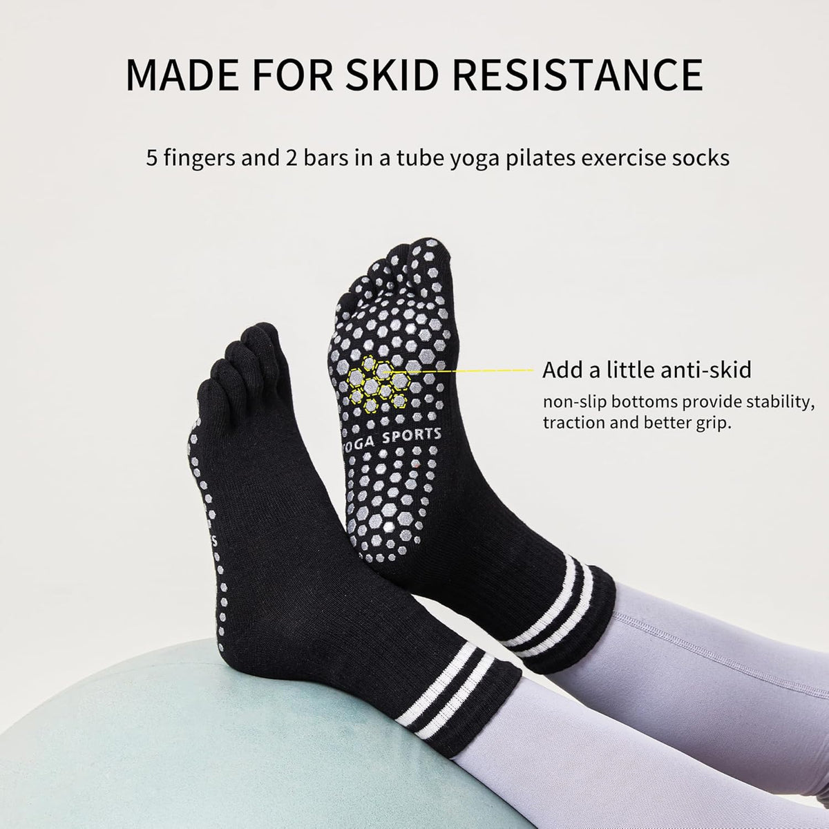 3Pairs Grippy Yoga Socks for Women – Full Toe Cotton Crew Pilates Socks with Non Slip Sticky Grip Bottom,Gifts for Yoga,Barre,Pilates,Dance,Exercises and indoor walking.(Black/Grey/White)