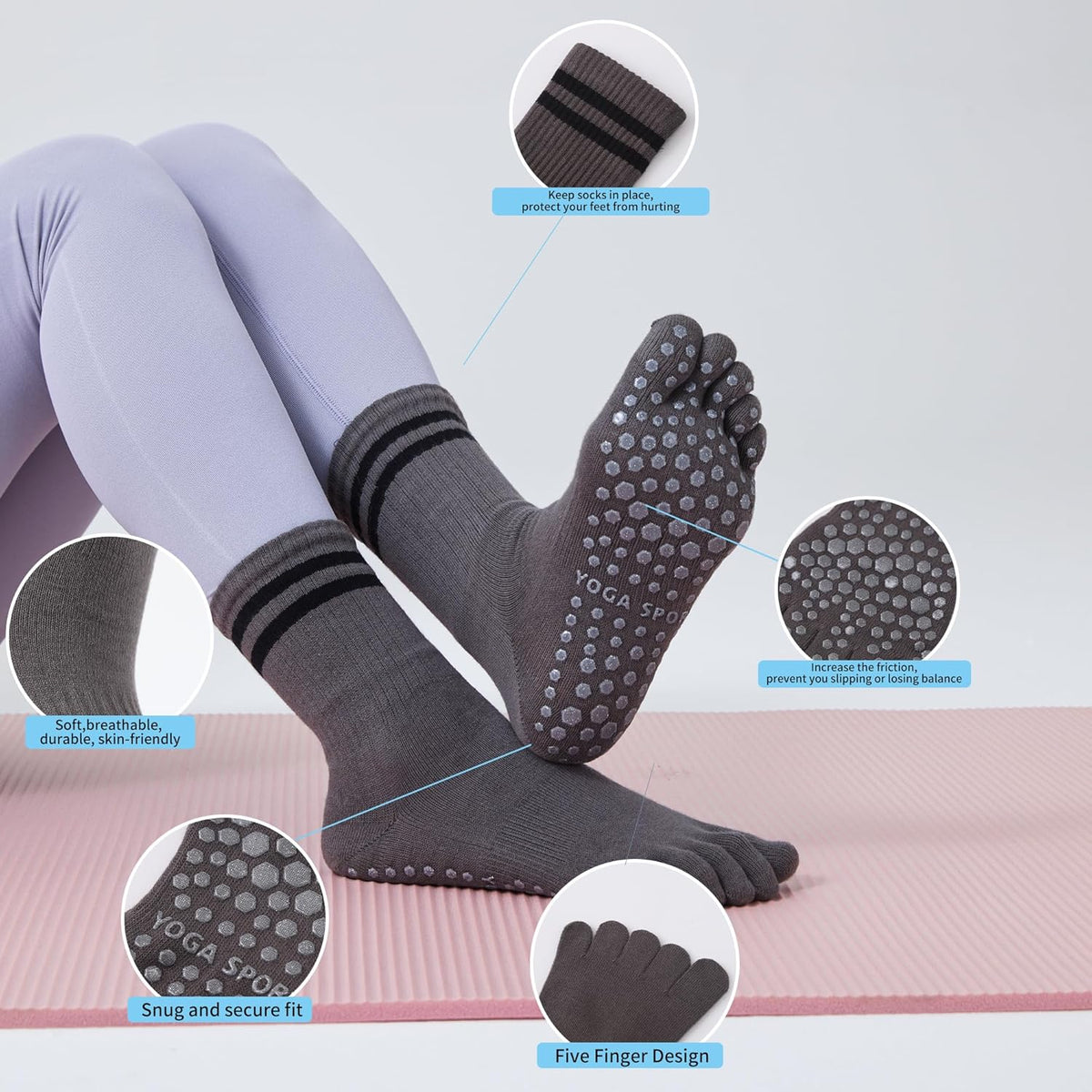3Pairs Grippy Yoga Socks for Women – Full Toe Cotton Crew Pilates Socks with Non Slip Sticky Grip Bottom,Gifts for Yoga,Barre,Pilates,Dance,Exercises and indoor walking.(Black/Grey/White)
