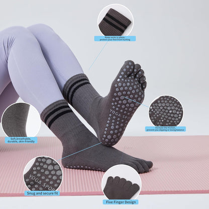 3Pairs Grippy Yoga Socks for Women – Full Toe Cotton Crew Pilates Socks with Non Slip Sticky Grip Bottom,Gifts for Yoga,Barre,Pilates,Dance,Exercises and indoor walking.(Black/Grey/White)