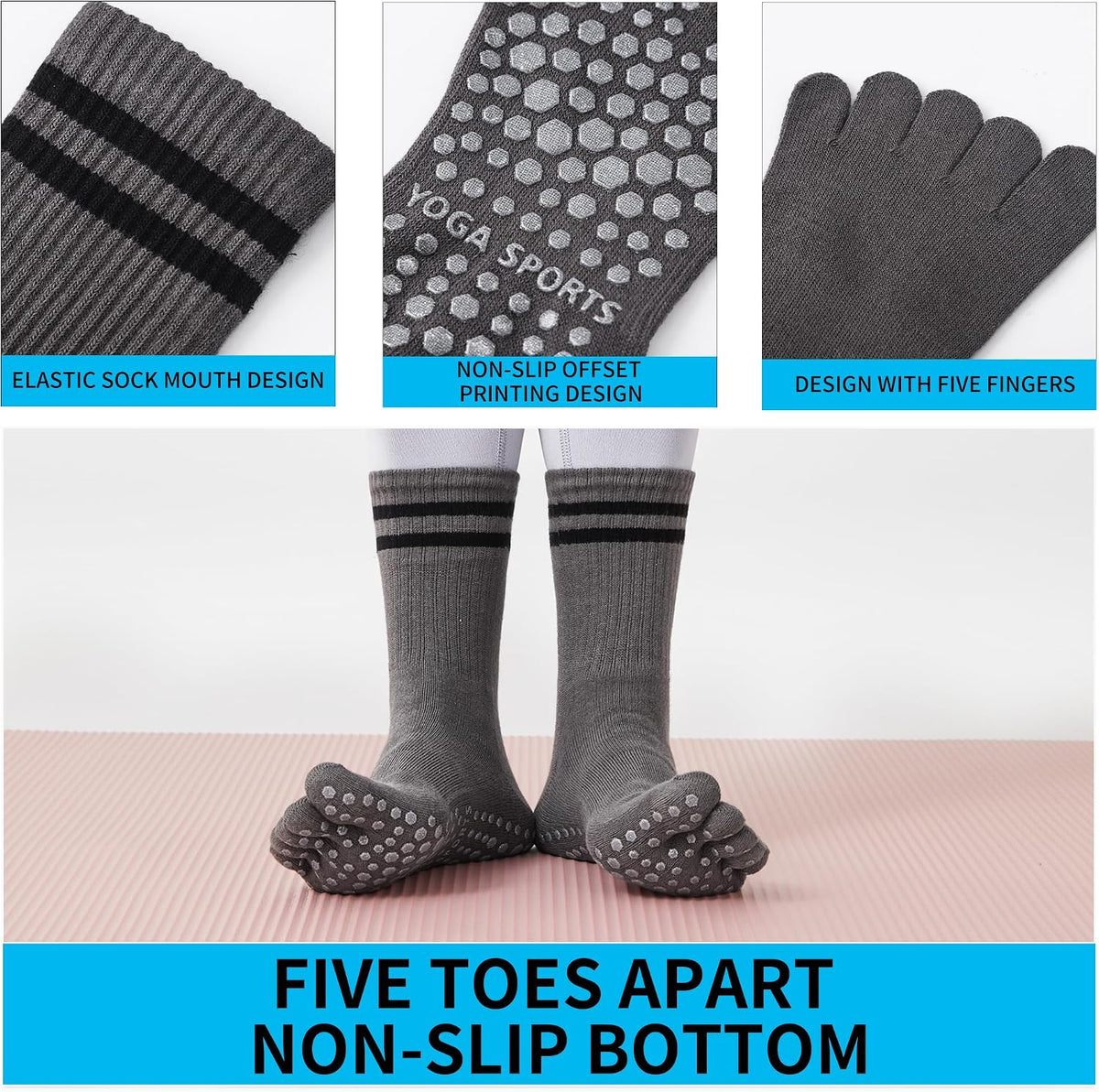 3Pairs Grippy Yoga Socks for Women – Full Toe Cotton Crew Pilates Socks with Non Slip Sticky Grip Bottom,Gifts for Yoga,Barre,Pilates,Dance,Exercises and indoor walking.(Black/Grey/White)