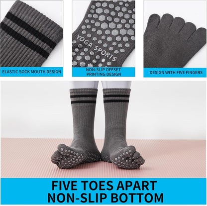 3Pairs Grippy Yoga Socks for Women – Full Toe Cotton Crew Pilates Socks with Non Slip Sticky Grip Bottom,Gifts for Yoga,Barre,Pilates,Dance,Exercises and indoor walking.(Black/Grey/White)