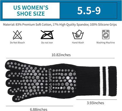 3Pairs Grippy Yoga Socks for Women – Full Toe Cotton Crew Pilates Socks with Non Slip Sticky Grip Bottom,Gifts for Yoga,Barre,Pilates,Dance,Exercises and indoor walking.(Black/Grey/White)