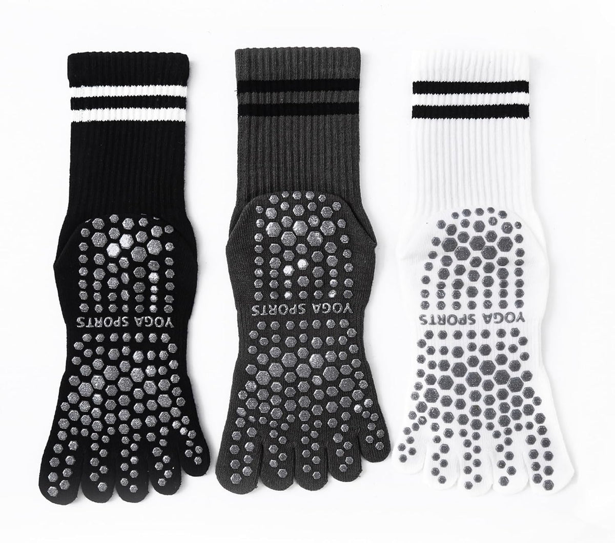 3Pairs Grippy Yoga Socks for Women – Full Toe Cotton Crew Pilates Socks with Non Slip Sticky Grip Bottom,Gifts for Yoga,Barre,Pilates,Dance,Exercises and indoor walking.(Black/Grey/White)