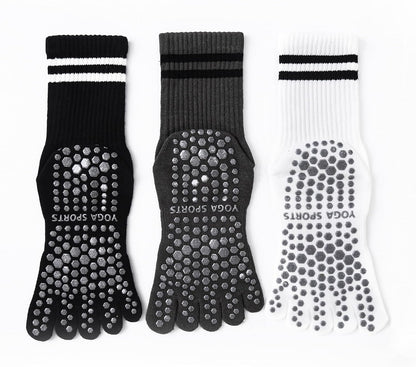 3Pairs Grippy Yoga Socks for Women – Full Toe Cotton Crew Pilates Socks with Non Slip Sticky Grip Bottom,Gifts for Yoga,Barre,Pilates,Dance,Exercises and indoor walking.(Black/Grey/White)