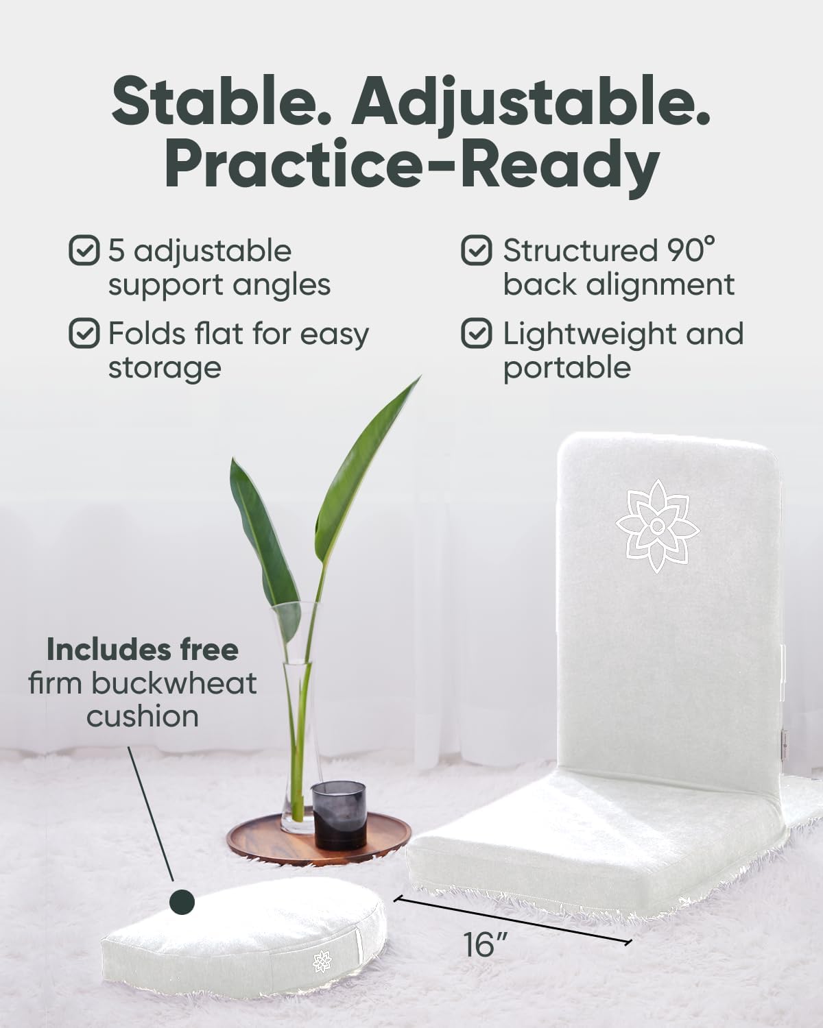 Folding Pro Meditation Chair - Adjustable Meditation Seat with Back Support and Half Moon Buckwheat Meditation Cushion - Comfortable Mindfulness Living Room Floor Chair