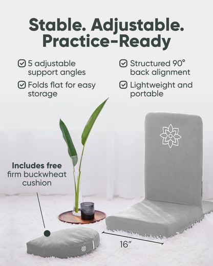Folding Pro Meditation Chair - Adjustable Meditation Seat with Back Support and Half Moon Buckwheat Meditation Cushion - Comfortable Mindfulness Living Room Floor Chair
