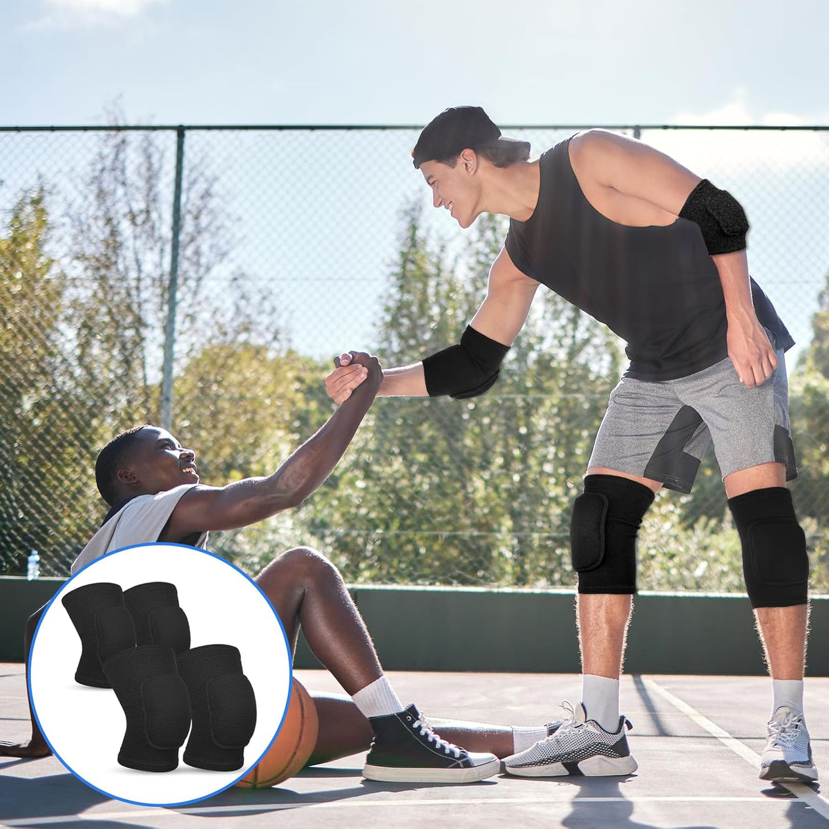 Volleyball Knee Pads and Elbow Brace Pads Set, Compression Breathable Arm and Knee Protection Sleeves with Soft Support Cushion for Men and Women Yoga Dance Football Basketball Running (Black)